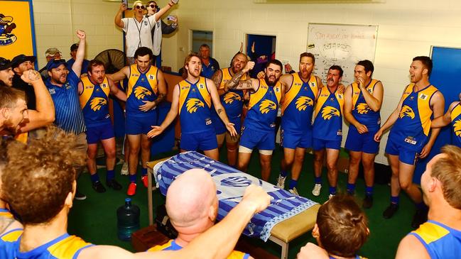 Cobdogla Football Club players celebrate defeating Wunkar in their Riverland Independent Football League match on May 15, 2021. It was the Eagles' first win in 1064 days. The club has now gone into recess for 2022 due to a lack of volunteers and members. Picture: Grant Schwartzkopff