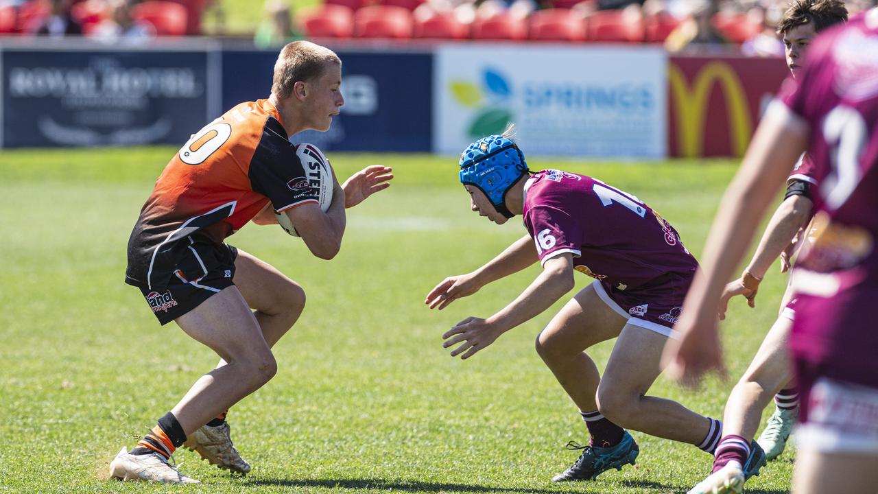 Nate Goulding (left) of Southern Suburbs and Kody Lowery of Dalby Devils in U14 boys Toowoomba Junior Rugby League grand final at Toowoomba Sports Ground, Saturday, September 7, 2024. Picture: Kevin Farmer