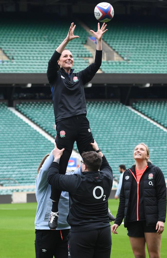 Catherine, Duchess of Cambridge takes part in an England rugby training session. Picture: Getty