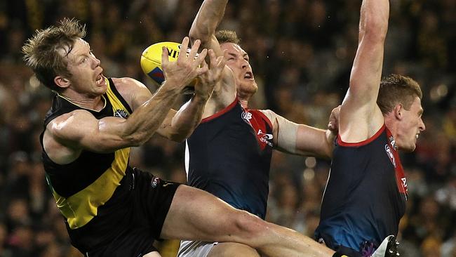 Jack Riewoldt flies for a mark against the Demons on Monday night. Picture: Wayne Ludbey