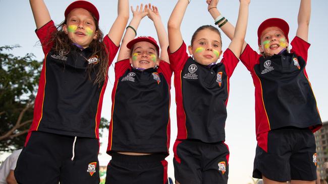 Isabell Nillissen, Tegan Kain, Lani Bullen and Sirra Montgomerie as thousands of fans gather to watch the Matildas take on England in the World Cup Semifinal at Darwin Waterfront. Picture: Pema Tamang Pakhrin