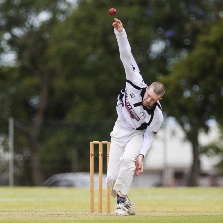 Liam White bowls for Southern District Magpies against University in round one A grade two day Toowoomba Cricket at UniSQ oval, Saturday, January 14, 2023. Picture: Kevin Farmer