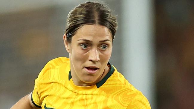 MELBOURNE, AUSTRALIA - FEBRUARY 28: Katrina Gorry of Australia controls the ball during the AFC Women's Olympic Football Tournament Paris 2024 Asian Qualifier Round 3 match between Australia Matildas and Uzbekistan at Marvel Stadium on February 28, 2024 in Melbourne, Australia. (Photo by Robert Cianflone/Getty Images)