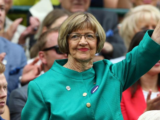 LONDON, ENGLAND - JULY 02: Margaret Court is announced to the crowed on day six of the Wimbledon Lawn Tennis Championships at the All England Lawn Tennis and Croquet Club on July 2, 2016 in London, England. (Photo by Julian Finney/Getty Images)