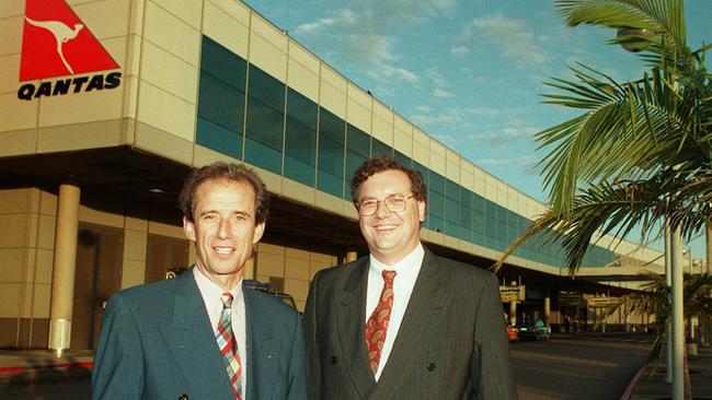 Koen Rooijmans and Amsterdam Airport Schiphol’s director of business development Geert Boosten pictured at the Brisbane Airport in 1996 before its sale a year later.