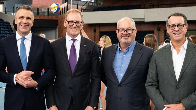 South Australian premier Peter Malinauskas, Volleyball Australia president Craig Carracher, Leon Bignell and Volleyball Australia chief executive Andrew Dee (far right). Picture: NCA NewsWire / Morgan Sette