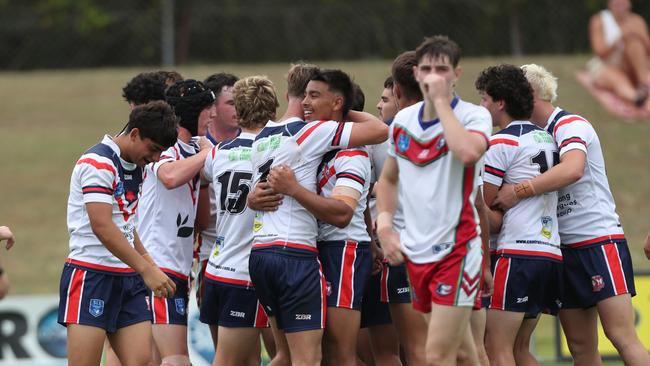 The Central Coast Roosters celebrate a try against the Monaro Colts in round one of the Laurie Daley Cup. Picture: Sue Graham