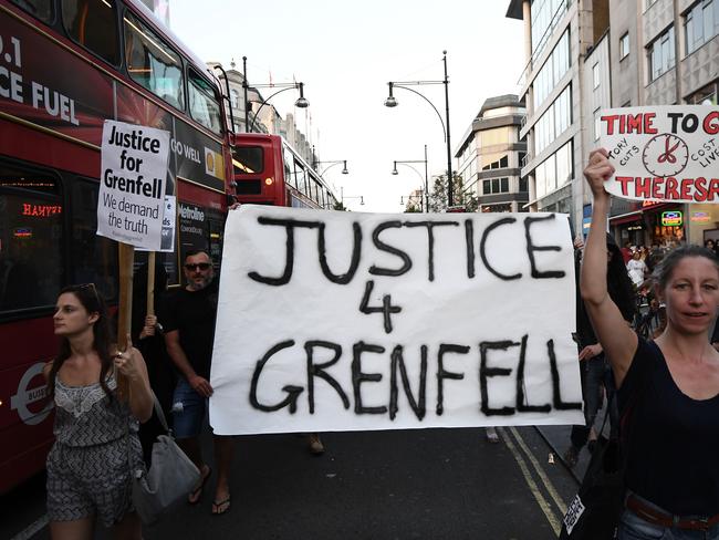 Protesters march down Oxford Stret during a rally calling for justice for those affected by the Grenfell Tower fire. Picture: Getty