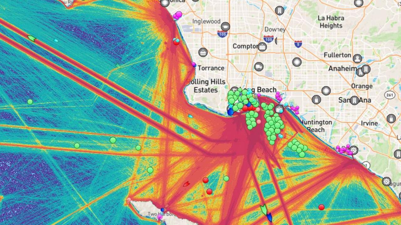 The gauge number of ships waiting to get into the ports of Los Angeles and Long Beach is illustrated in this ship tracker image. Picture: Marine Traffic