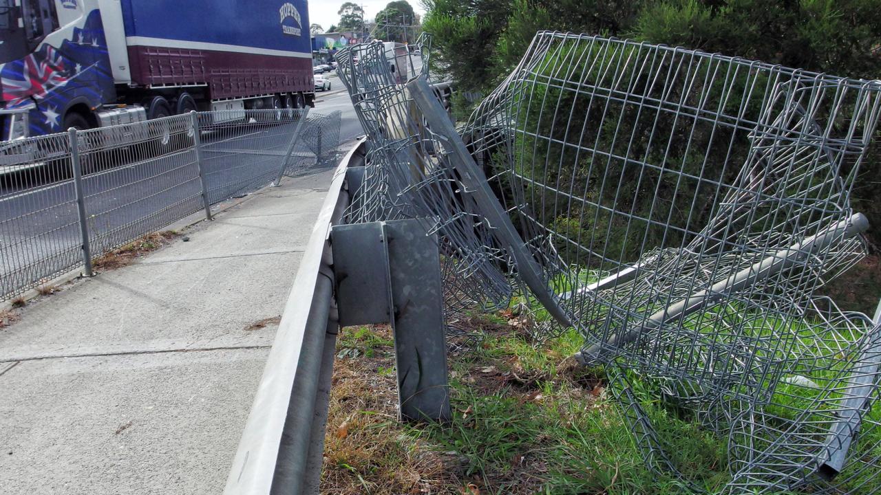 The damaged pedestrian barrier on Canterbury Rd in Heathmont last Tuesday. Picture: Dave Edwards.