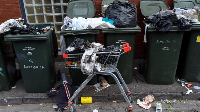 Rubbish and homeless people are a common sight in St Kilda. Picture: Penny Stephens