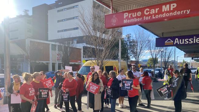 Western Sydney teachers rallied outside Prue Car's electoral office campaigning against the pay deal last Wednesday. Picture: Supplied/ Jason Gerke