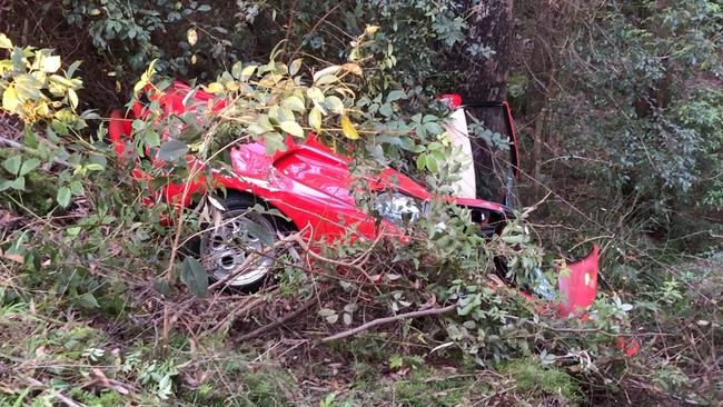 The $500,000 car went flying off the road into bushland. Picture Michael Akkari.