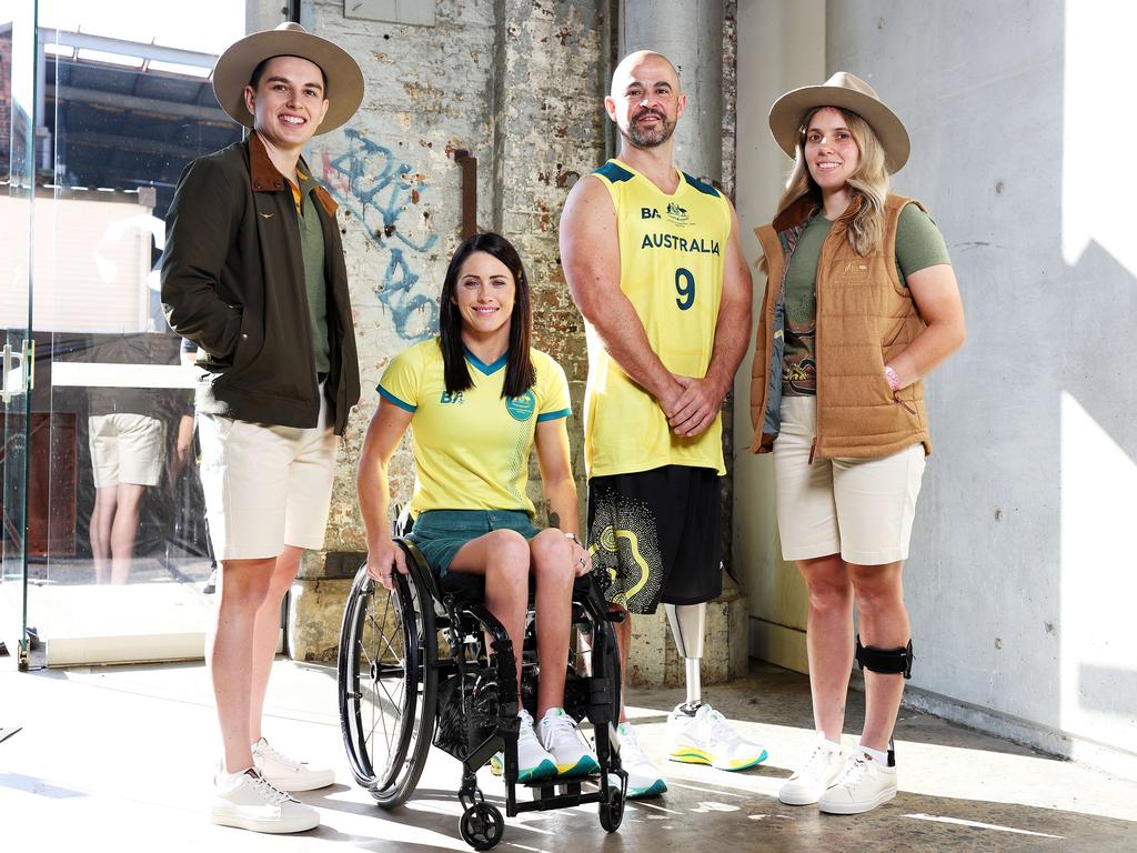 SATURDAY TELEGRAPH. MAY 17, 2024.

Pictured at the Carriageworks in Eveleigh today during the Australian Paralympic Team Uniform launch, are Athletes (L-R) Gordon Allen, Cycling, Lauren Parker, Triathlete, Tristan Knowles, Wheelchair Basketball, and Amanda Reid, Cycling. Picture: Tim Hunter.