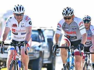 Former prime minister Tony Abbott (right) with Andrew Wallace MP (left) riding on the Nicklin Way for the annual Pollie Pedal. is back in lycra and on his bike for the annual Pollie Pedal charity bike ride for military personnel. Pictured on the Nicklin Way, Sunshine Coast with Andrew Wallace MP (left). Picture: Patrick Woods