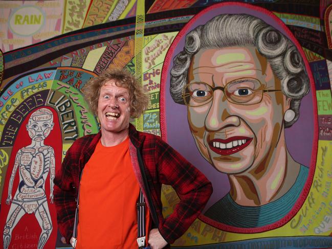 British Artist Grayson Perry at the Museum of Contemporary Art Australia in 2015, with his work Comfort Blanket. Picture: Chris Pavlich