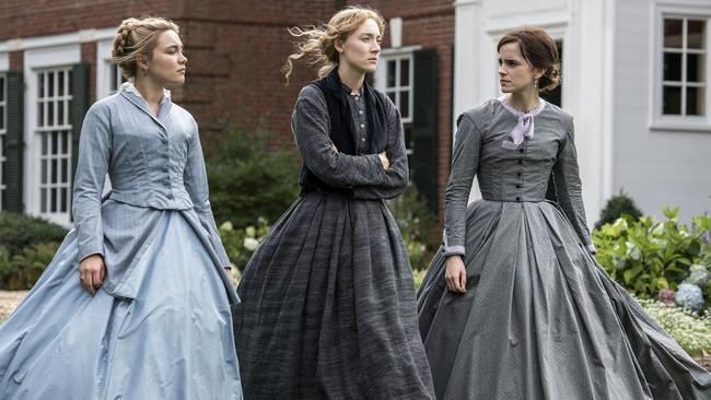 This image released by Sony Pictures shows, from left, Florence Pugh, Saoirse Ronan and Emma Watson in a scene from 