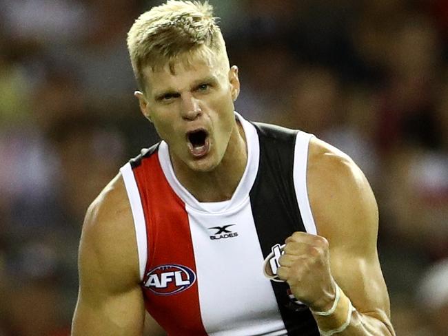 Nick Riewoldt of the Saints celebrates a goal during the Round one AFL match between St Kilda Saints and the Melbourne Demons played at Etihad Stadium on Saturday 25th March, 2017. Picture: Mark Dadswell