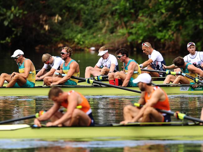 Australia's (L to R) Alexander Hill, Joshua Booth, Joshua Dunkley-Smith and William Lockwood celebrate winning the silver medal in the Men's Four final at Lagoa Stadium at the Rio 2016 Olympic Games. Picture: Brett Costello