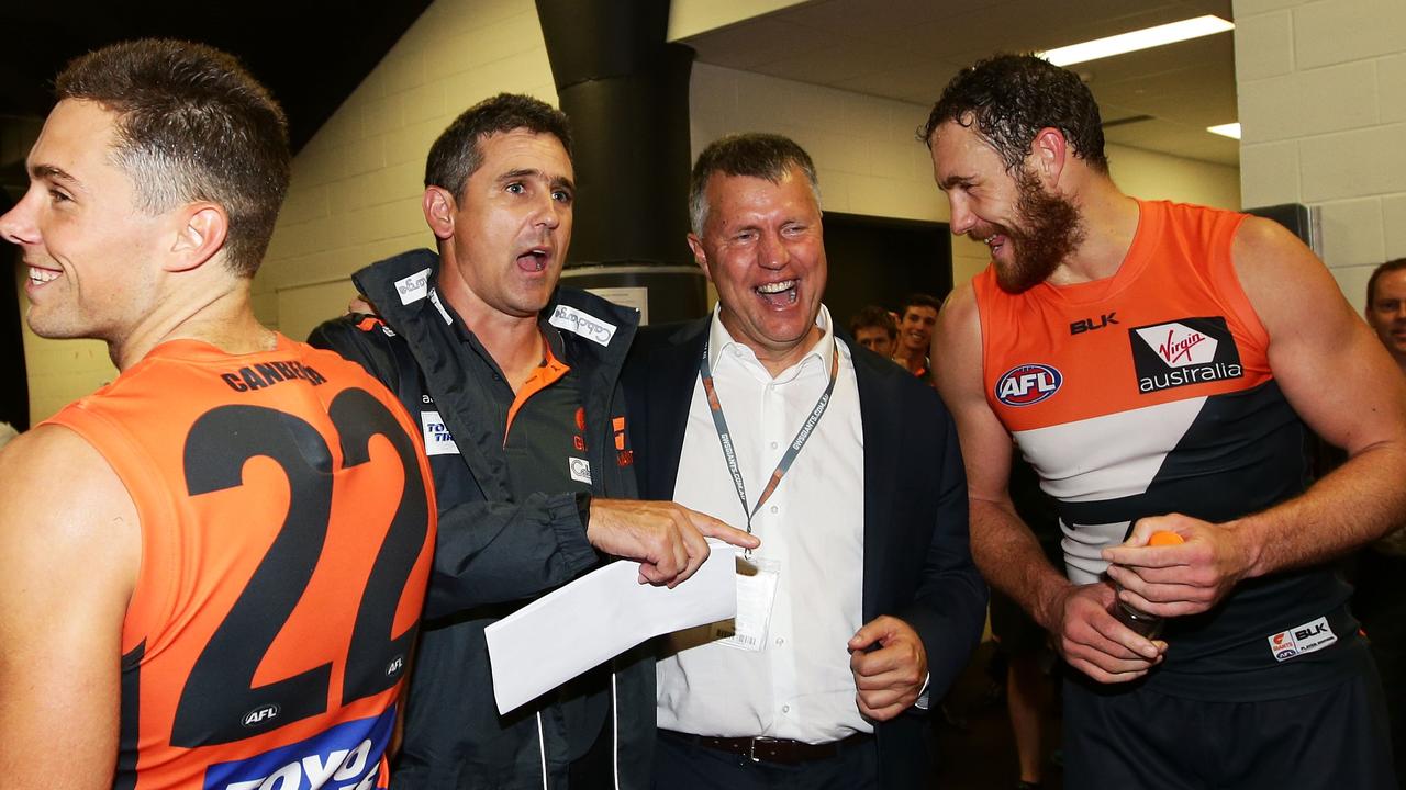 ‘Gubby’ Allan alongside GWS Giants coach Leon Cameron and Shane Mumford. Photo: Matt King/Getty Images.