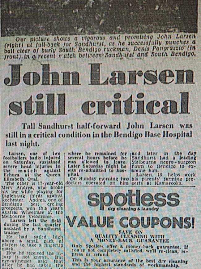 The Bendigo Advertiser coverage of when John Larsen was injured playing for Sandhurst in 1968.