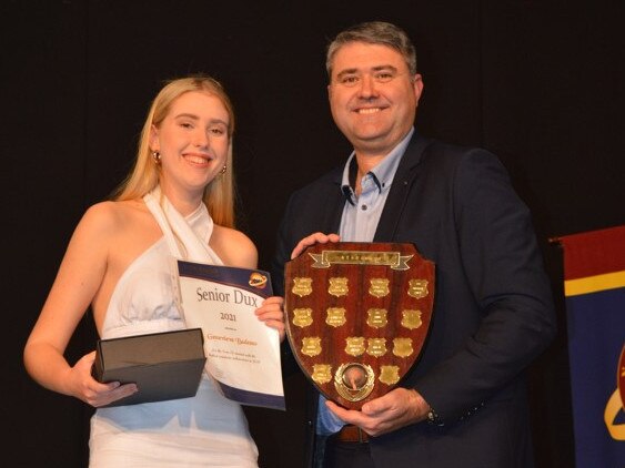 Nanango State High School's 2021 Dux Genevieve Badesso pictured with Guest Speaker and Presenter Peter Broome. Photo: Nanango SHS