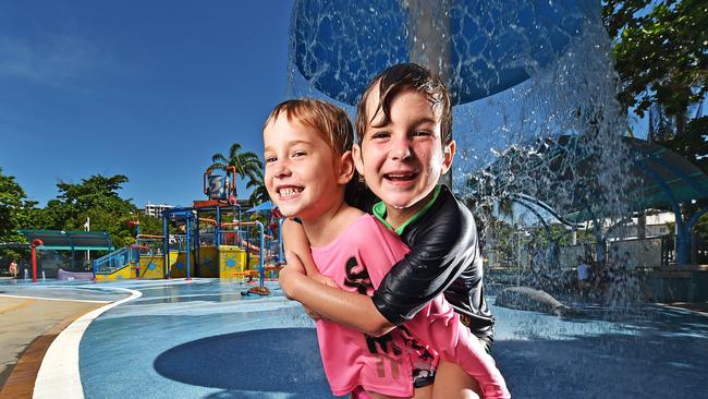 Siblings Isobella, 7 and Michael Porter, 6 of Aitkenvale enjoy The Strand water park ahead of a possible cyclone forming next week. Picture: Zak Simmonds  (correct spelling)