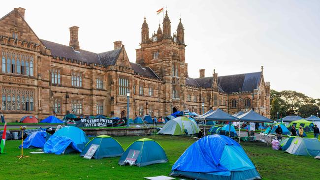 The pro-Palestine protest camp at the University of Sydney, pictured here on May 15, has grown significantly. Picture: Justin Lloyd
