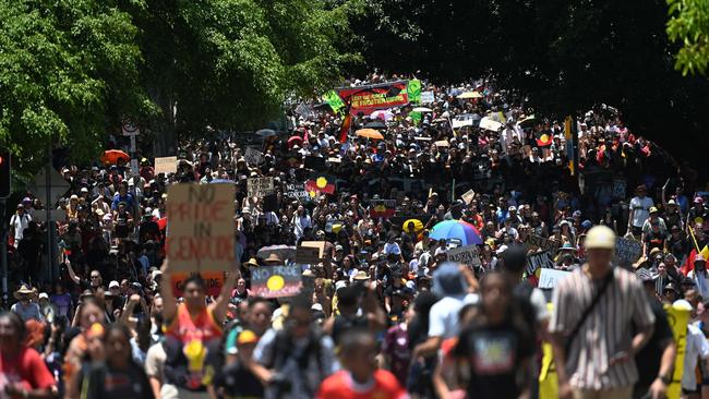 Protesters take part in an Invasion Day rally and march in Brisbane, coinciding with Australia Day. Picture: NCA Newswire / Dan Peled