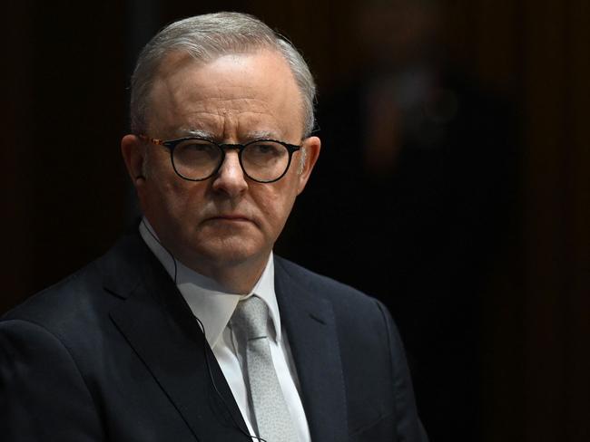 Australia's Prime Minister Anthony Albanese speaks to the media during a signing ceremony with China's Premier Li Qiang (not pictured) at Parliament House in Canberra on June 17, 2024. (Photo by LUKAS COCH / POOL / AFP)