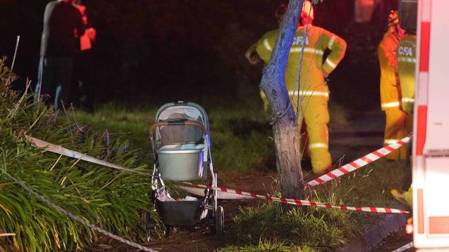 A pram at the scene of the tragedy in Upwey. Picture: Tony Gough