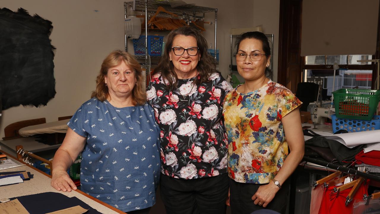 Patricia Wood machinist, Bronwen Feachnie business owner and Uraiwan Sutthison machinist. The Sewing Room at Island Seamstress in Hobart has lost a local contract with garments now produced in Fiji. Picture: Nikki Davis-Jones