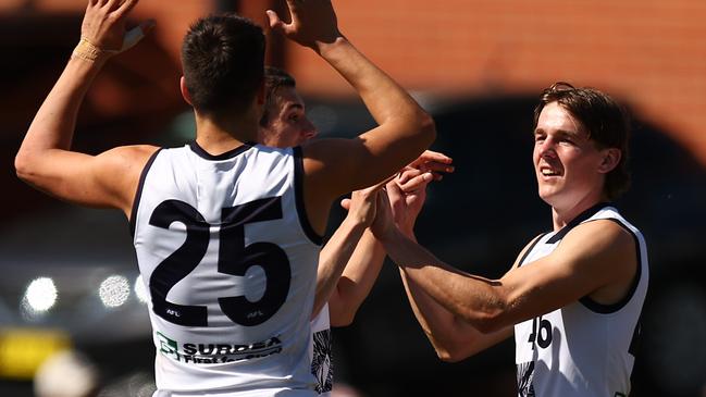 Will McLachlan (right) is among the Geelong Falcons taking part in trial matches. Picture: Graham Denholm/AFL Photos via Getty Images