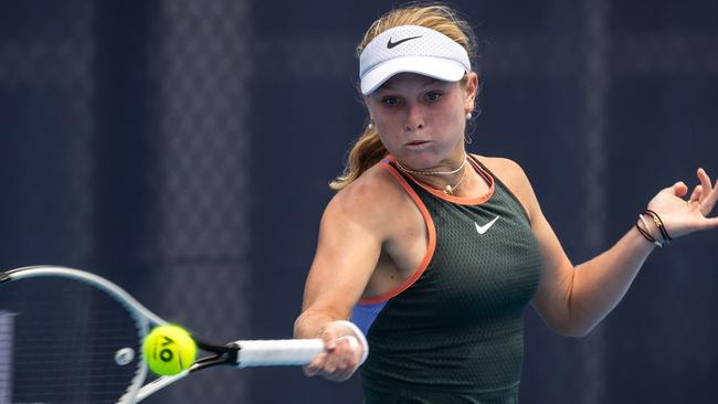 Gold Coast rising tennis star Emerson Jones, 16, winning the Perpetual NSW Open at Sydney Olympic Park on Sunday, November 3, 2024. Pictures: Tennis NSW