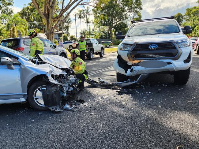 A sedan collided head-on with a ute after earlier taking out a parked boat and trailer in Sawtell on Wednesday, January 8. Picture: Facebook