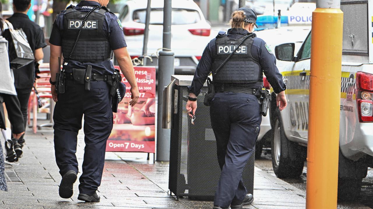 Police on the beat along Hindley Street in Adelaide. Picture: Brenton Edwards