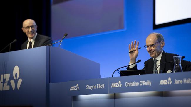 ANZ chairman Paul O’Sullivan, left, and outgoing CEO Shayne Elliott at the bank’s AGM last year. Picture: Arsineh Houspian