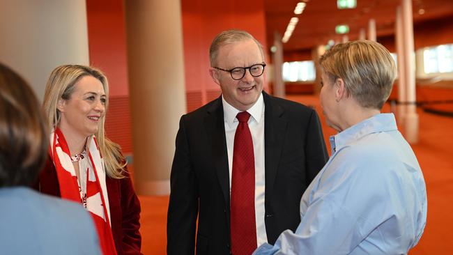 Anthony Albanese with his partner Jodie Haydon and Jen Watt at the North Melbourne grand final breakfast last week. Picture: Josie Hayden