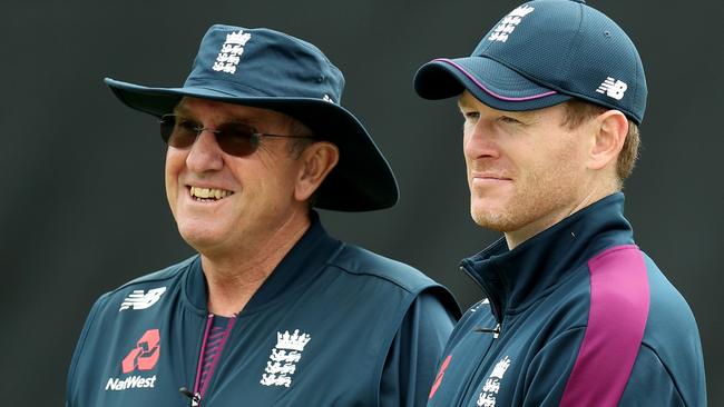 The England-Australian brains trust, Trevor Bayliss and Eoin Morgan. Picture: Getty Images