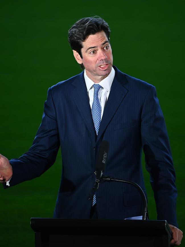 Gillon McLachlan reveals details of a return to footy today from the boundary of Marvel Stadium. Picture: Getty Images