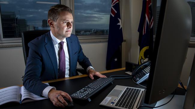 Treasurer Stephen Mullighan working in his office at the State Administration Building preparing the June 5 State Budget. Picture: Mark Brake