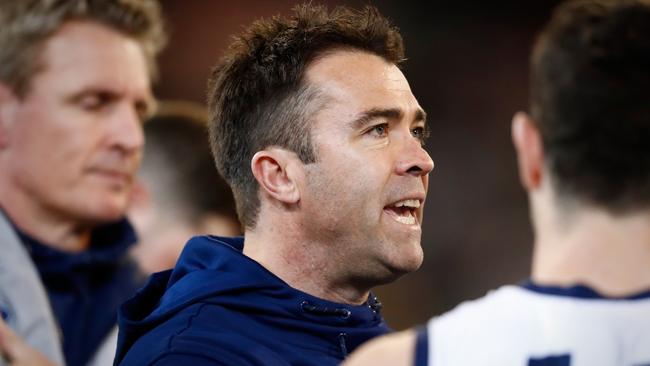 Geelong coach Chris Scott addresses his team. Picture: AFL Media