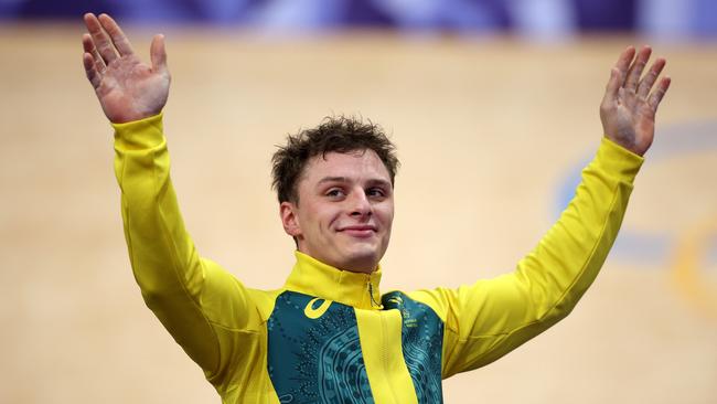 Matthew Richardson on the podium after winning silver in the keirin event in Paris. Picture: Getty Images