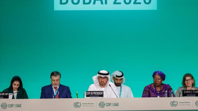 COP28 president Sultan Ahmed Al Jaber presides the opening ceremony of the UN climate summit in Dubai on Thursday. Picture: AFP