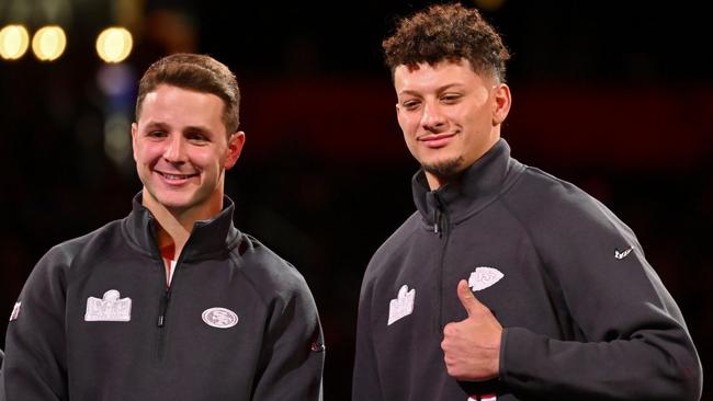 Brock Purdy and Patrick Mahomes during Super Bowl LVIII Opening Night at Allegiant Stadium on February 5. Picture: Candice Ward/Getty Images