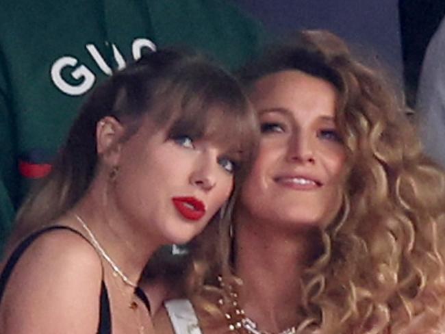 LAS VEGAS, NEVADA - FEBRUARY 11: Rapper Ice Spice, singer Taylor Swift and actress Blake Lively prior to Super Bowl LVIII between the San Francisco 49ers and Kansas City Chiefs at Allegiant Stadium on February 11, 2024 in Las Vegas, Nevada. (Photo by Steph Chambers/Getty Images)