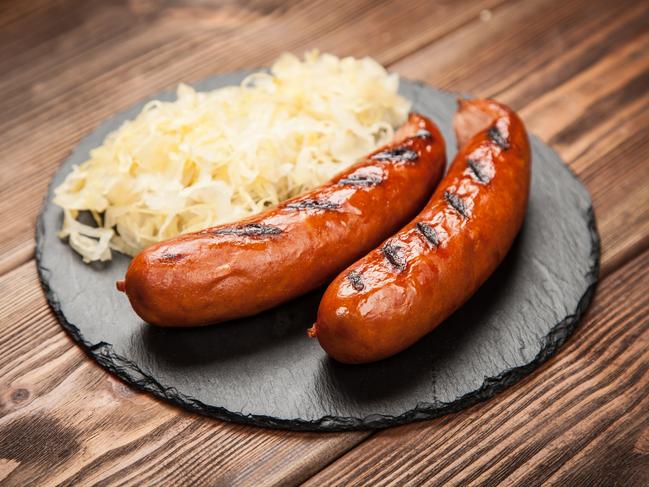 Traditional german food of sauerkraut and bratwurst