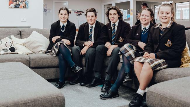 Ballarat Grammar boarding students from left to right Lily Jenkins, Robert Read, Oliver Wischer, Poppy Jenkins and Sophie Read. Picture: Chloe Smith.