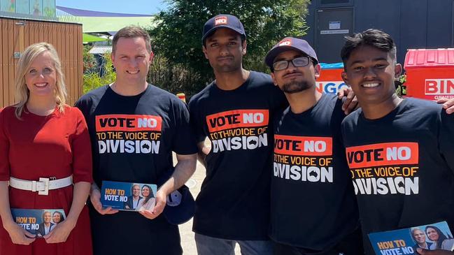 Federal MPs Melissa McIntosh (left) and Alex Hawke (second from left) with Mr Hawke's staffer Kokulaan Santhakumar (far right). The other two men in this photo are not named in this article. Picture: Supplied
