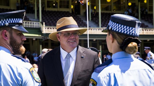 Prime Minister Scott Morrison at the Special Attestation for NSW Police Force's new probationary constables at the SCG. Picture: Dylan Robinson